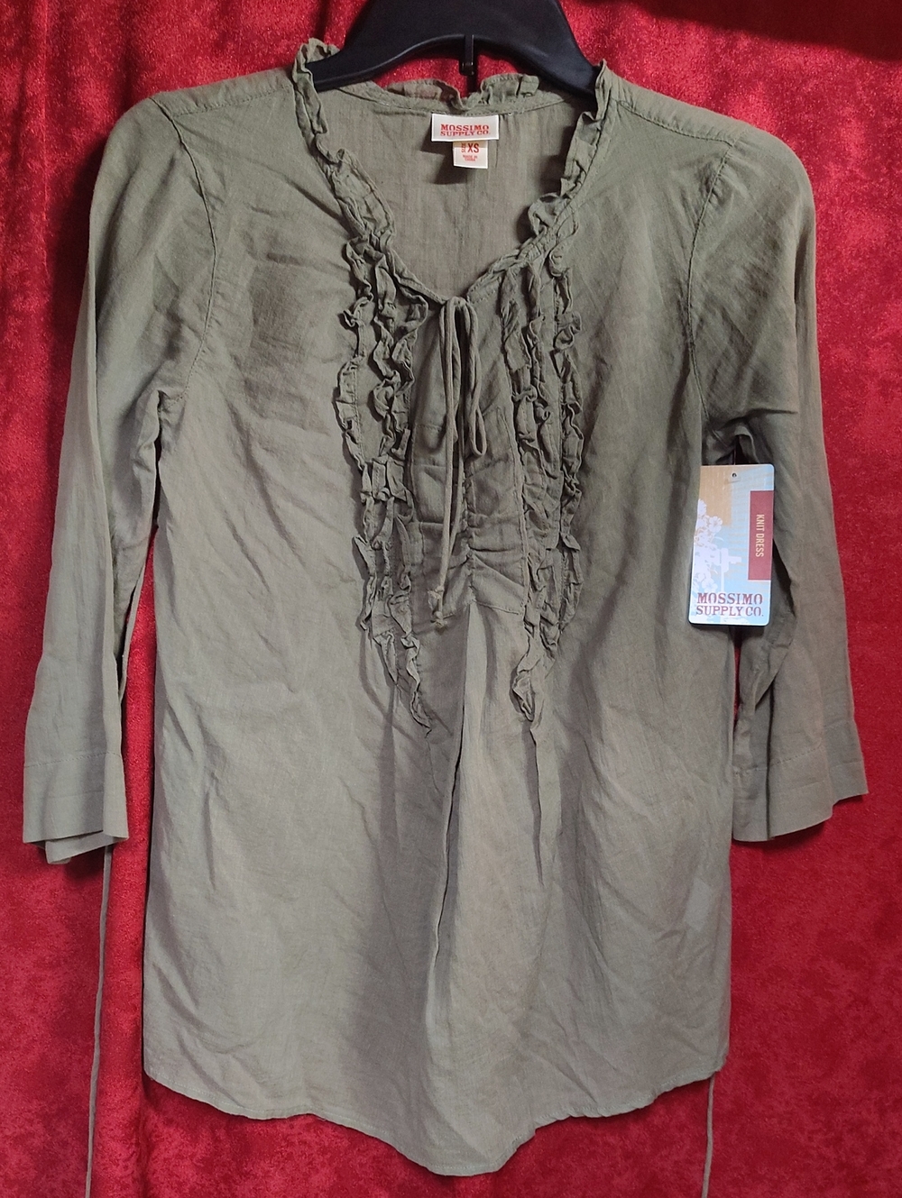 Mossimo Supply Co. Olive Tunic Top with Front Tie and Ruffles